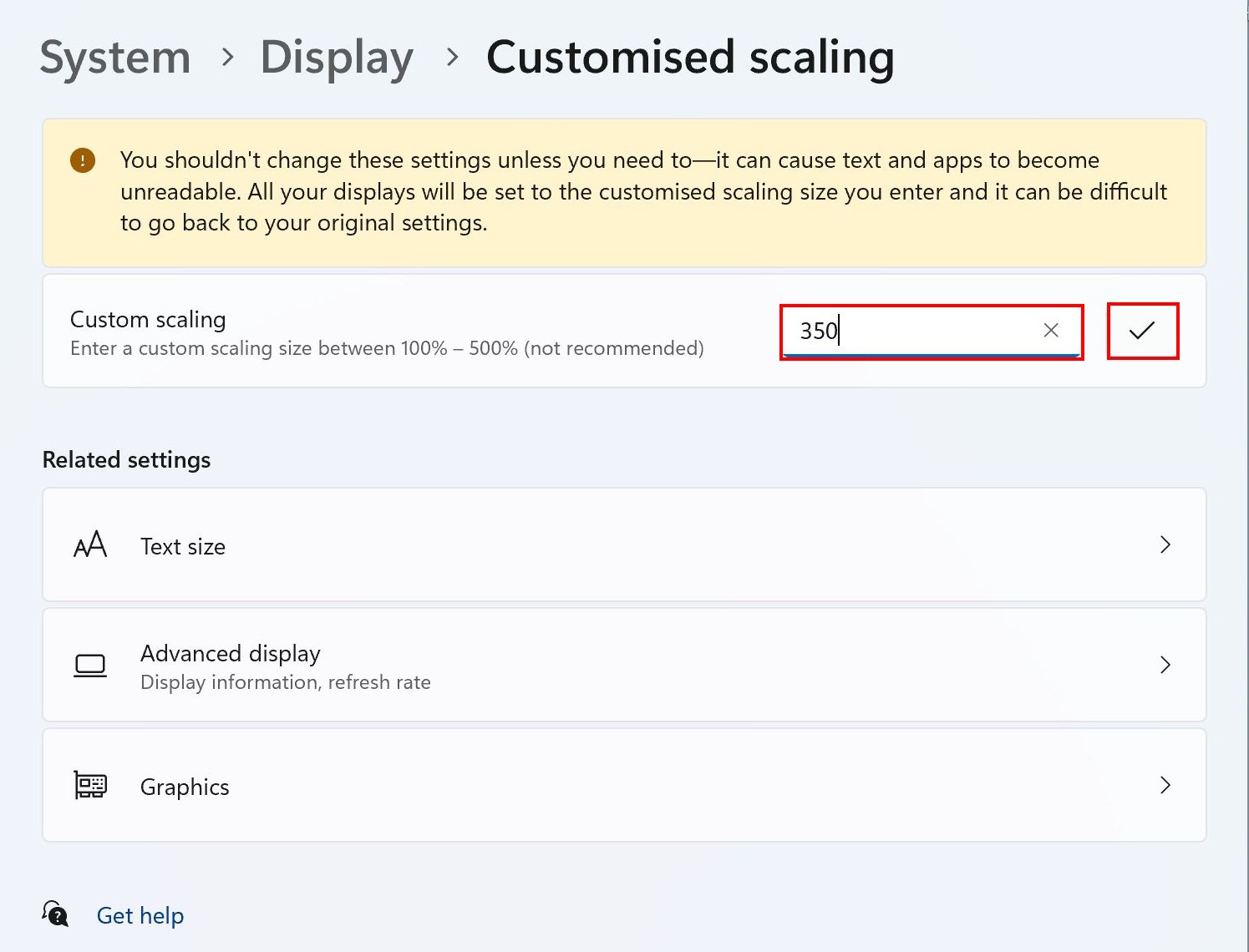 Enter your own Custom scaling percentage then click the tick button